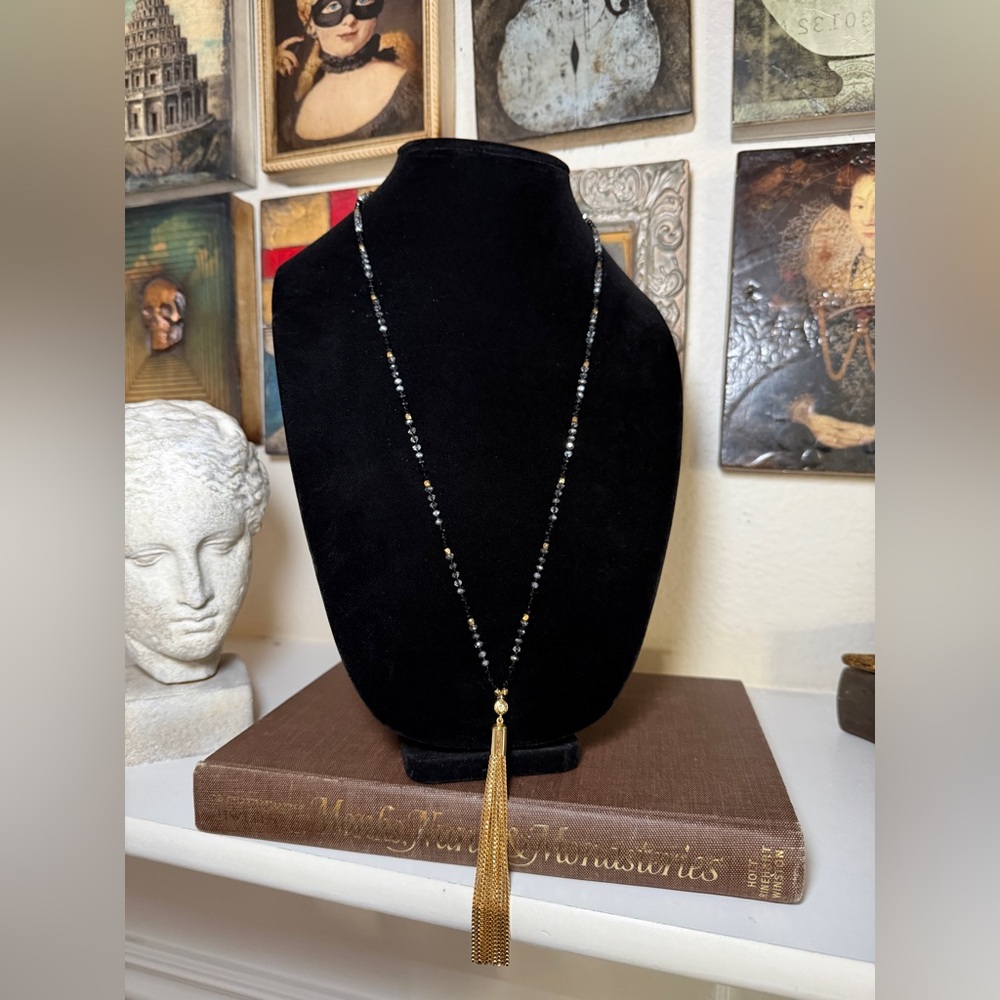 Henri Bendel Long Beaded Tassel Necklace – Black &‎ Gold Statement Necklace